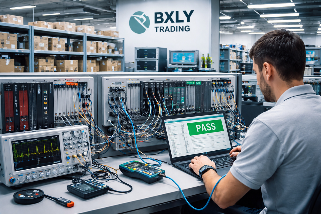 Modern BXLY Trading testing lab, technician performing PLC and communication module tests on Mitsubishi, Allen-Bradley, and Siemens systems.